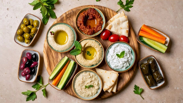 Mediterrán előételek válogatása friss pékáruval